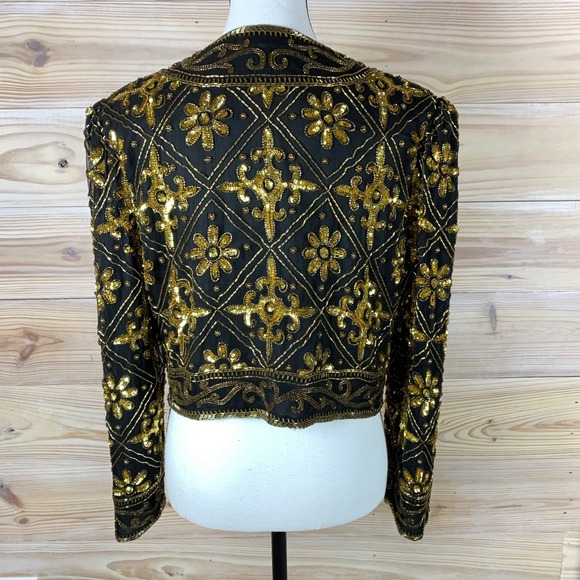 Vtg Scala Beaded Sequin Jacket Womens PM Gold 100% Silk Cropped Bolero Glam - Picture 6 of 13